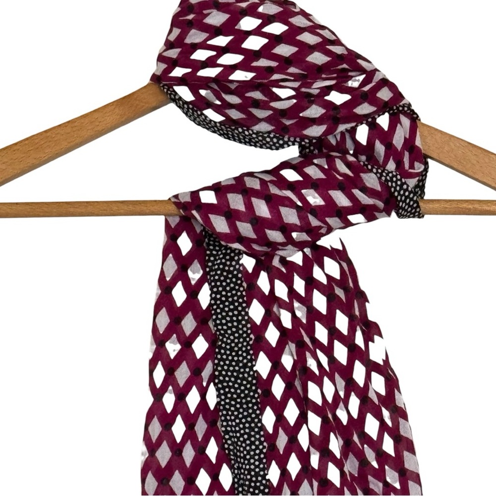 Women’s Plum Black Diamond Print Black with White Polka Dot Trim Long Scarf